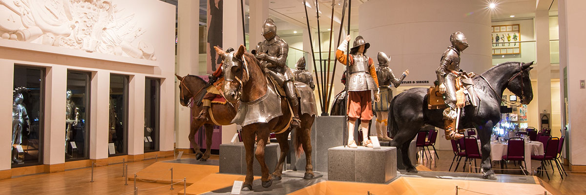 Statues of armoured knights on horses at Leeds Royal Armouries