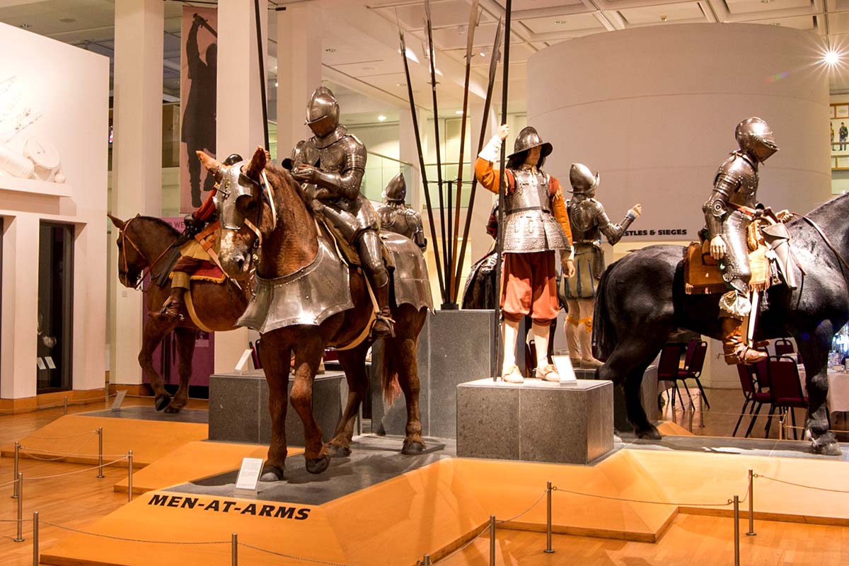 Statues of armoured knights on horses at Leeds Royal Armouries