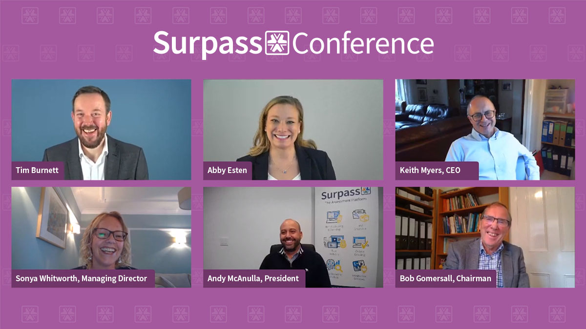 Hosts speaking on video at the 2020 virtual Surpass Conference.