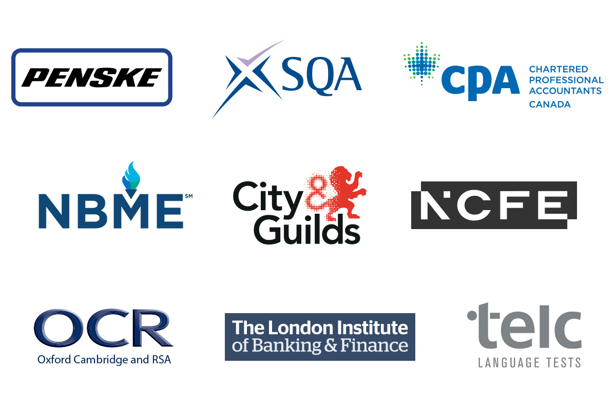 List of previous speaker logos: Penske, SQA, CPA Canada, NBME, City & Guilds, NCFE, OCR, The London Institute of Banking and Finance, telc Language Tests.